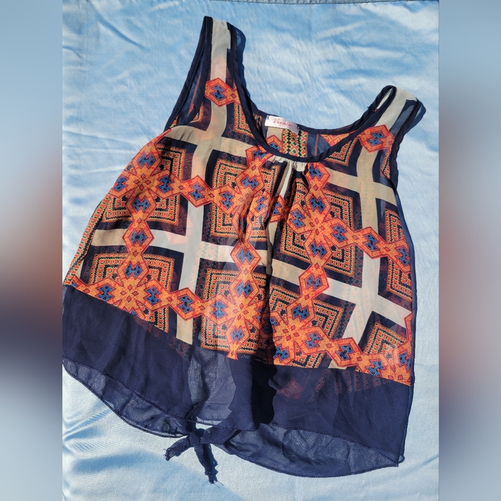 Geometric Patterned Tank Top Orange And Navy Medium